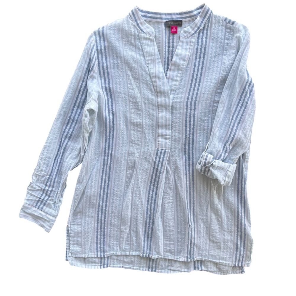 Vince Camuto Womens M White Blue Metallic Stripe Sheer Roll Tab Sl V-neck Blouse
